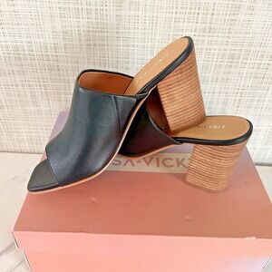 Womens Mules 7.5M Virtue-V Block Heel Black Sheep Nappa Sandals Lisa Vicky